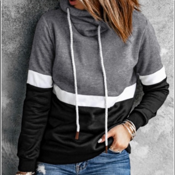 BLACK DRAWSTRING COWL NECK COLOR BLOCK HOODIE - Picture 3 of 5